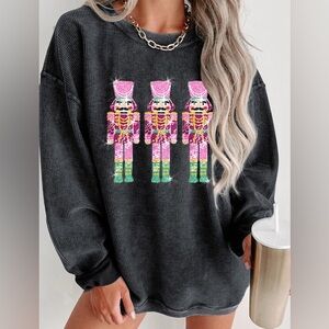 Black Corded Crew Sweatshirt with Colorful Sequin Nutcracker Design